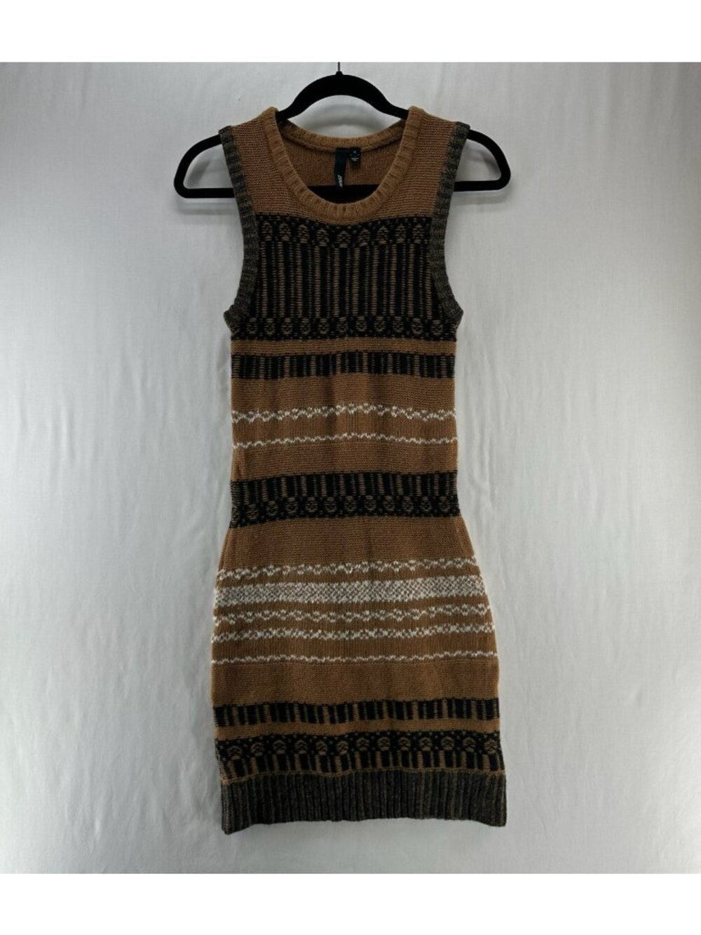 EDUN Wool Cashmere Knit Sweater Dress Women XS Bodycon Fair Isle Geometric Brown